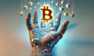 a hand with a bitcoin sign above it